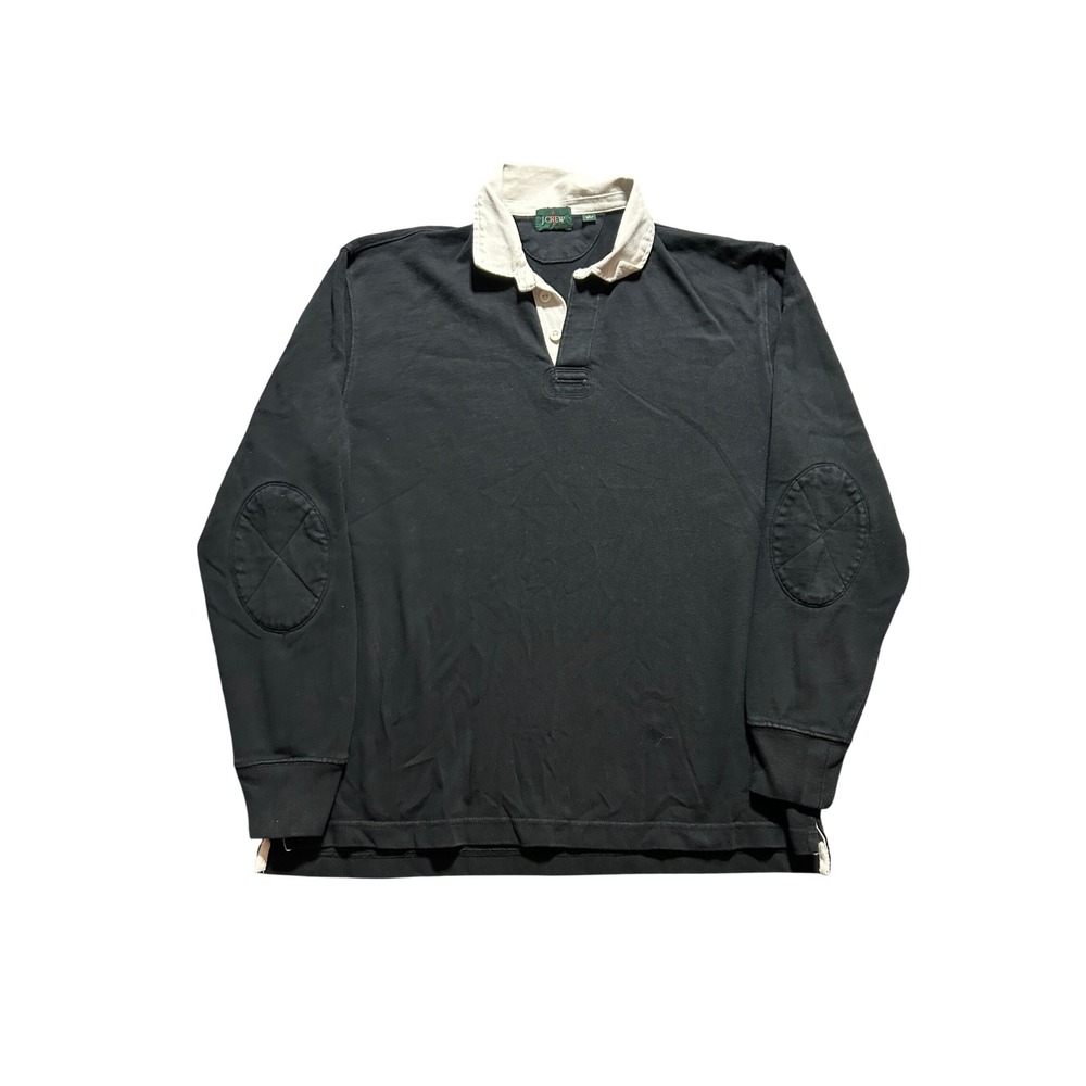VTG J.Crew Rugby Shirt Mens Large Black Long Sleeve Elbow Patches Flag Logo 90s